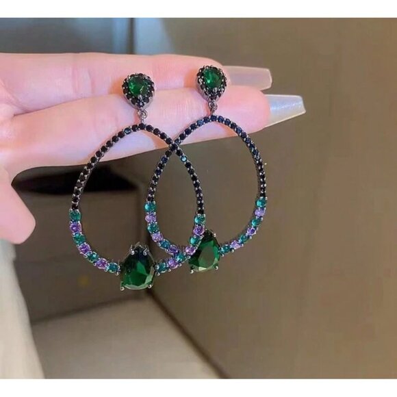 Teardrop Black & Green Crystal Statement Earrings With Purple Accents For Women - Picture 2 of 4